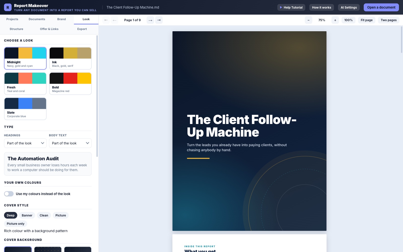 The Look tab: five designed looks, cover styles and fonts