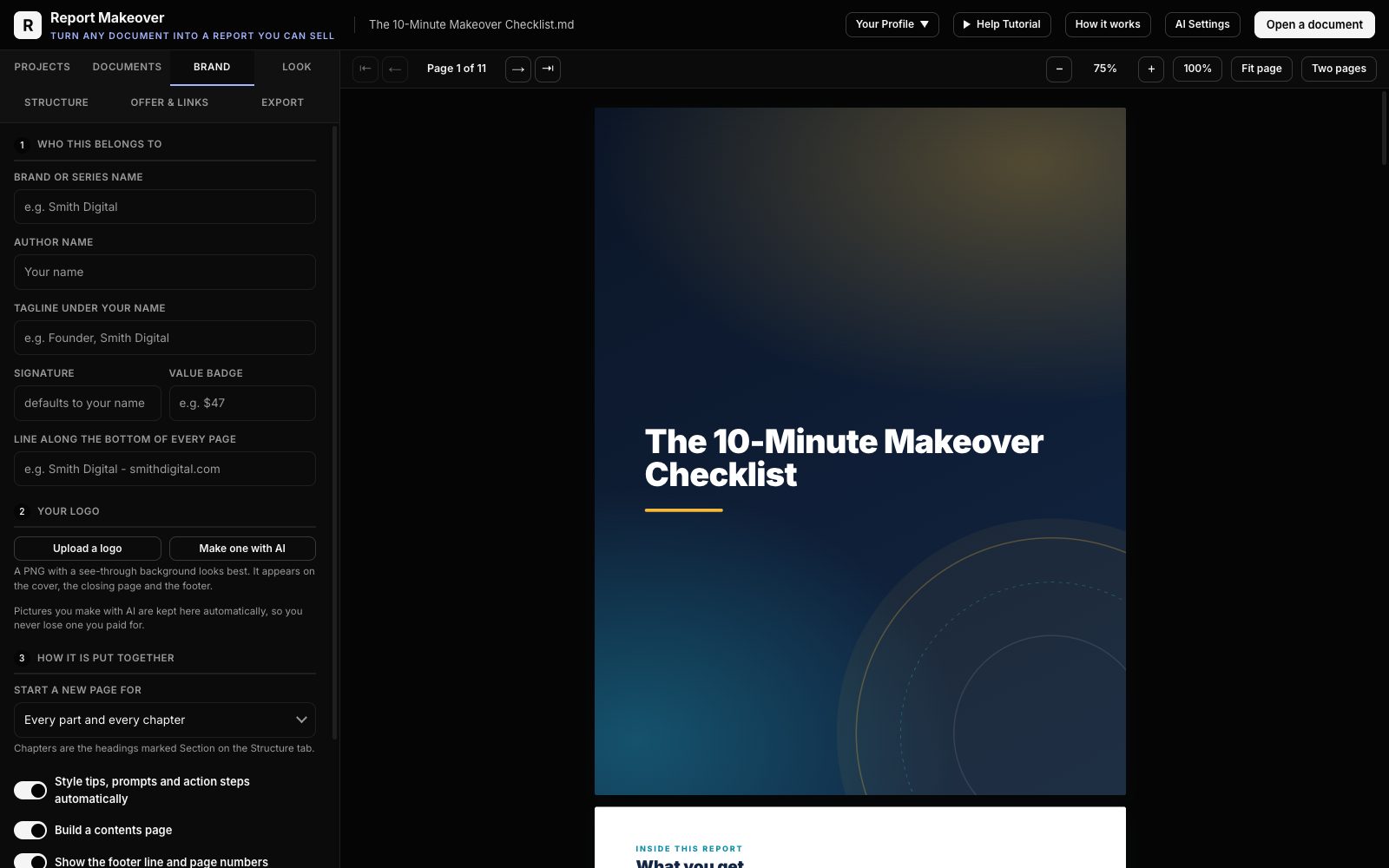The Brand tab: name, author, logo, signature and footer line