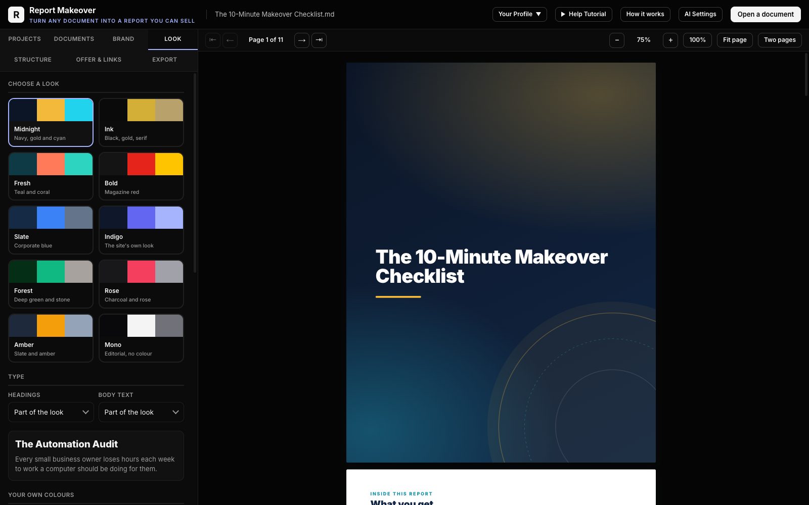 The Look tab: five designed looks, cover styles and fonts
