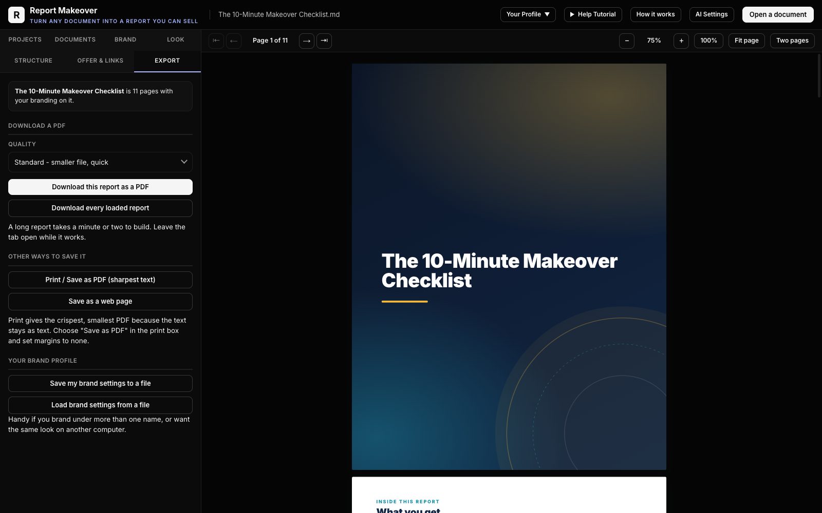 The Export tab: PDF, print and web page exports